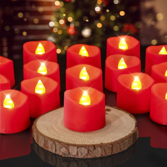 Flameless Candles, Pack of 24 Flickering LED Tea Light Candles Battery Operated, Red Tea Lights, Batteries Included