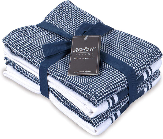 Kitchen Towels|2 Stripe + 2 Waffle Cotton Dish Towels for Drying Dishes|28X20 Inch Kitchen Hand Towels,Tea Towels,Dish Towels for Kitchen|Quick Drying Washable Fall Kitchen Towels|Blue