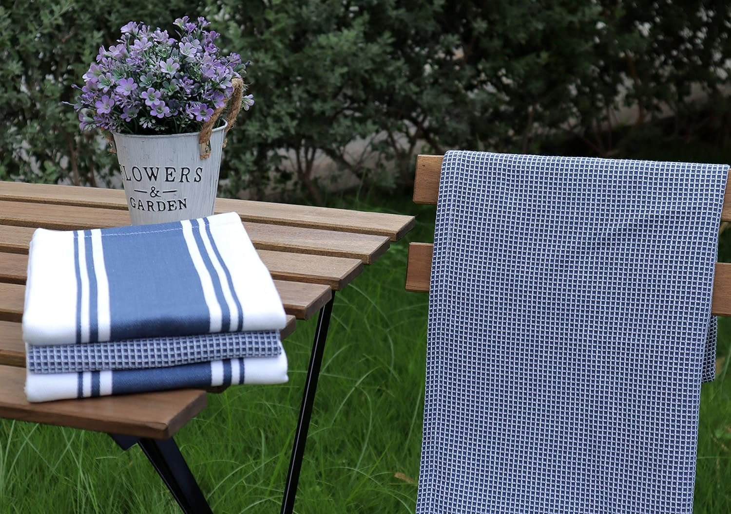 Kitchen Towels|2 Stripe + 2 Waffle Cotton Dish Towels for Drying Dishes|28X20 Inch Kitchen Hand Towels,Tea Towels,Dish Towels for Kitchen|Quick Drying Washable Fall Kitchen Towels|Blue