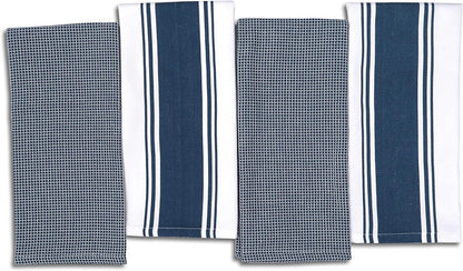 Kitchen Towels|2 Stripe + 2 Waffle Cotton Dish Towels for Drying Dishes|28X20 Inch Kitchen Hand Towels,Tea Towels,Dish Towels for Kitchen|Quick Drying Washable Fall Kitchen Towels|Blue